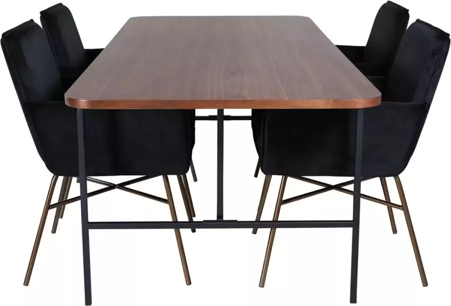 Hioshop UnoWA eethoek eetkamertafel Okkernoot decor en 4 Pippi eetkamerstal velours zwart.