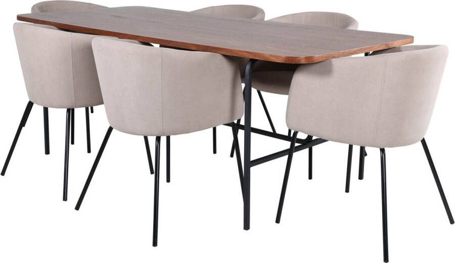 Hioshop UnoWA eethoek eetkamertafel Okkernoot decor en 6 Berit eetkamerstal beige. - Foto 1