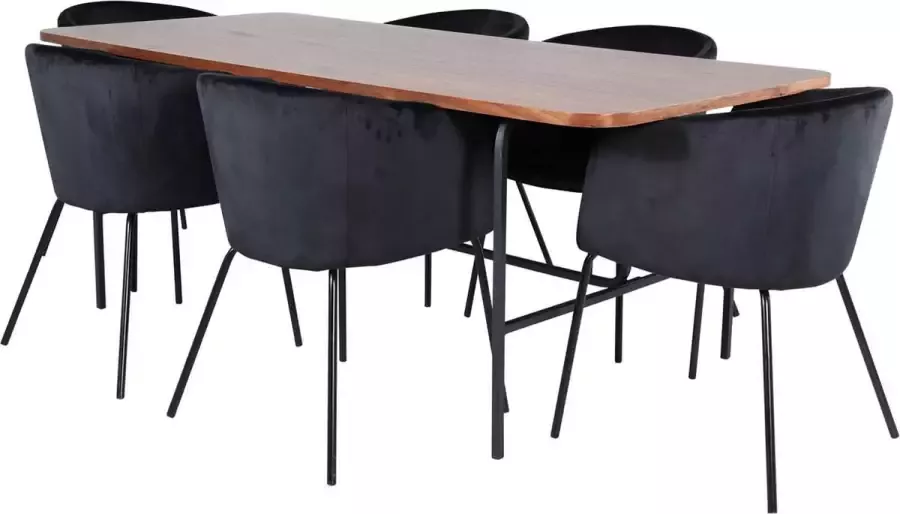 Hioshop UnoWA eethoek eetkamertafel Okkernoot decor en 6 Berit eetkamerstal velours zwart.