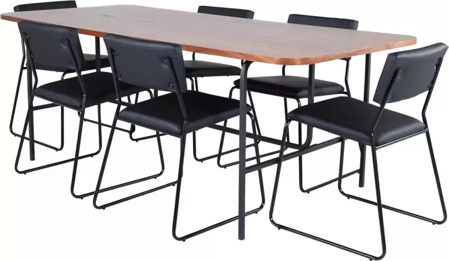 Hioshop UnoWA eethoek eetkamertafel Okkernoot decor en 6 Kenth eetkamerstal PU kunstleer zwart.