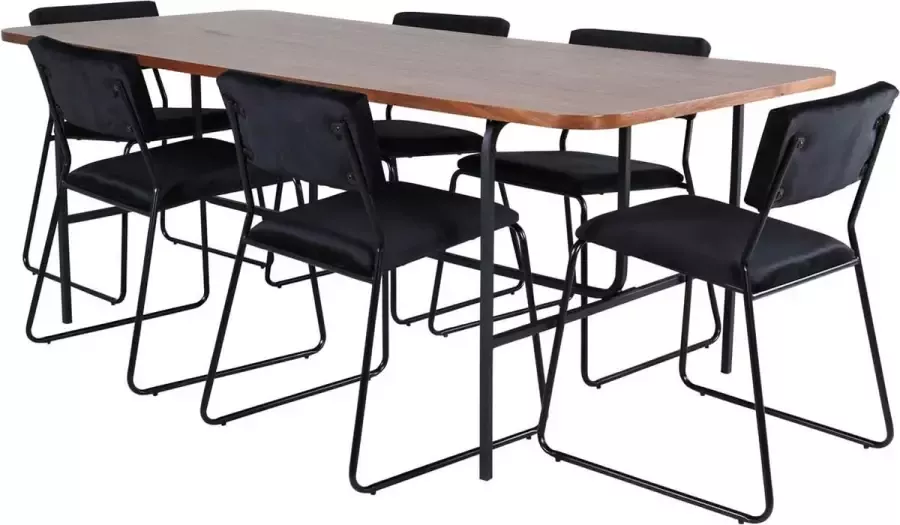 Hioshop UnoWA eethoek eetkamertafel Okkernoot decor en 6 Kenth eetkamerstal velours zwart.