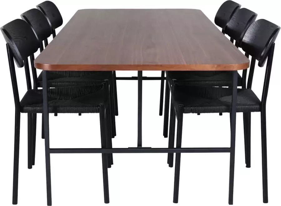 Hioshop UnoWA eethoek eetkamertafel Okkernoot decor en 6 Polly eetkamerstal zwart.