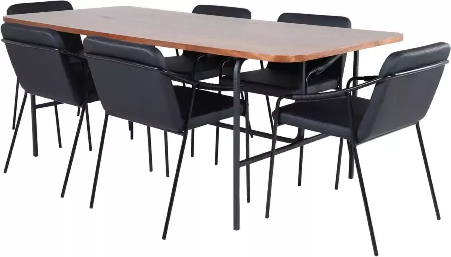 Hioshop UnoWA eethoek eetkamertafel Okkernoot decor en 6 Tvist eetkamerstal PU kunstleer zwart.