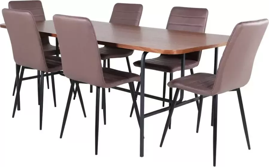 Hioshop UnoWA eethoek eetkamertafel Okkernoot decor en 6 Windu Lyx eetkamerstal bruin.