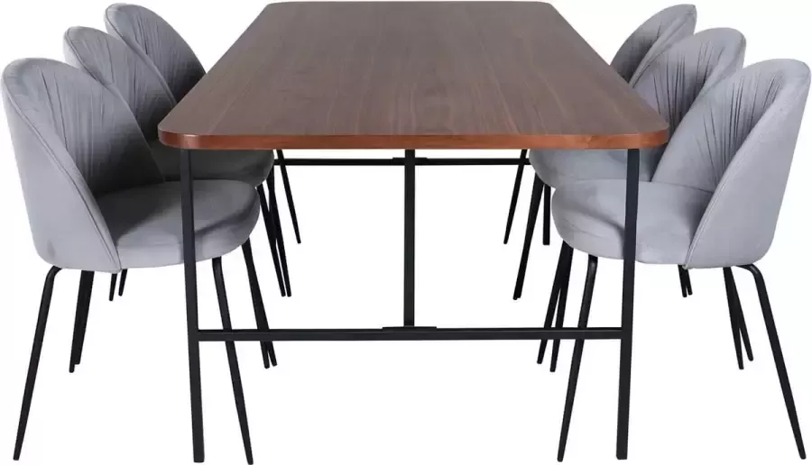 Hioshop UnoWA eethoek eetkamertafel Okkernoot decor en 6 Wrinkles eetkamerstal grijs.