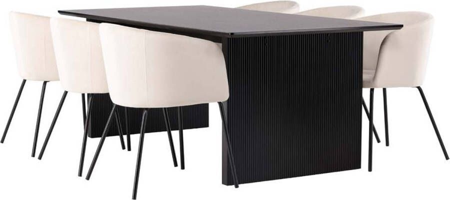 Hioshop Vail eethoek tafel zwart en 6 berit stoelen beige. - Foto 2