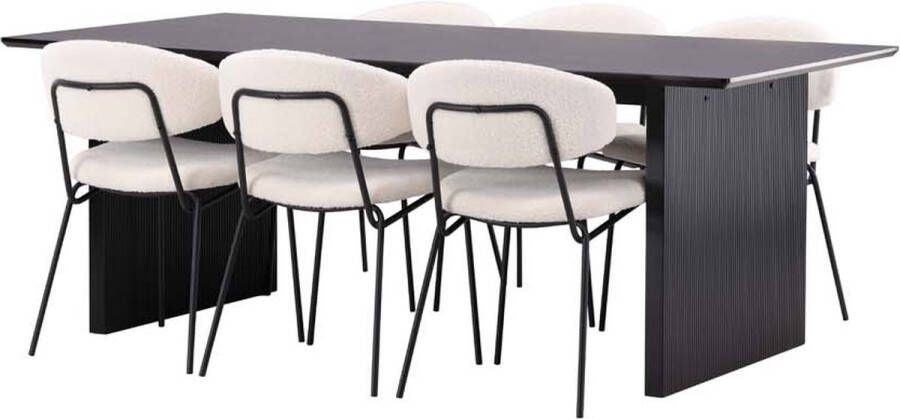 Hioshop Vail eethoek tafel zwart en 6 Chico stoelen wit.
