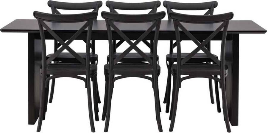 Hioshop Vail eethoek tafel zwart en 6 Crosett stoelen zwart.