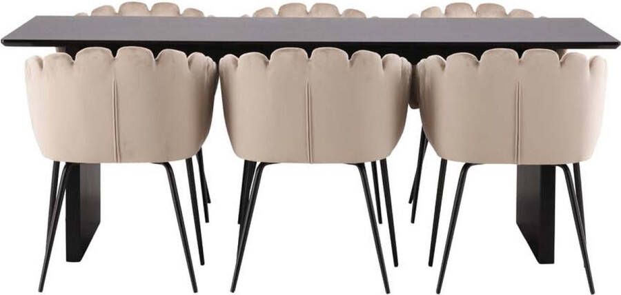Hioshop Vail eethoek tafel zwart en 6 Limhamn stoelen beige.