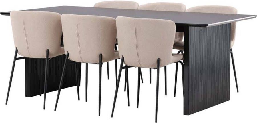 Hioshop Vail eethoek tafel zwart en 6 Modesto stoelen beige.