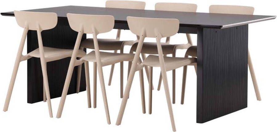 Hioshop Vail eethoek tafel zwart en 6 Ursholmen stoelen beige.