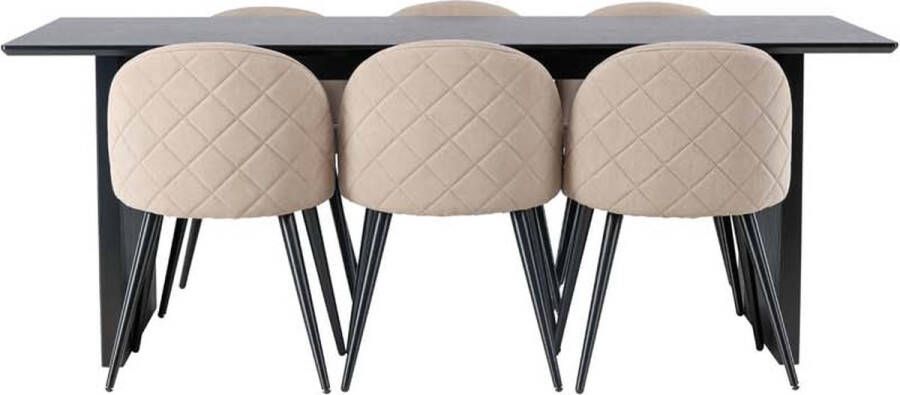 Hioshop Vail eethoek tafel zwart en 6 Velvet stoelen beige. - Foto 2