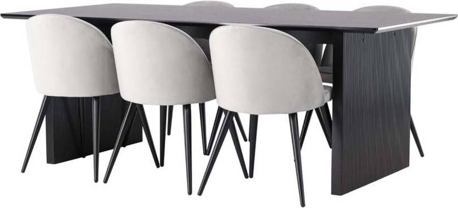 Hioshop Vail eethoek tafel zwart en 6 Velvet stoelen grijs.