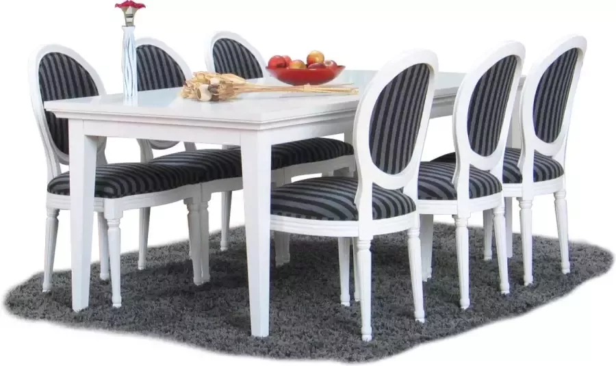 Hioshop Eethoek Venetië wit 180-276 cm met 6 Rococo barok stoelen.