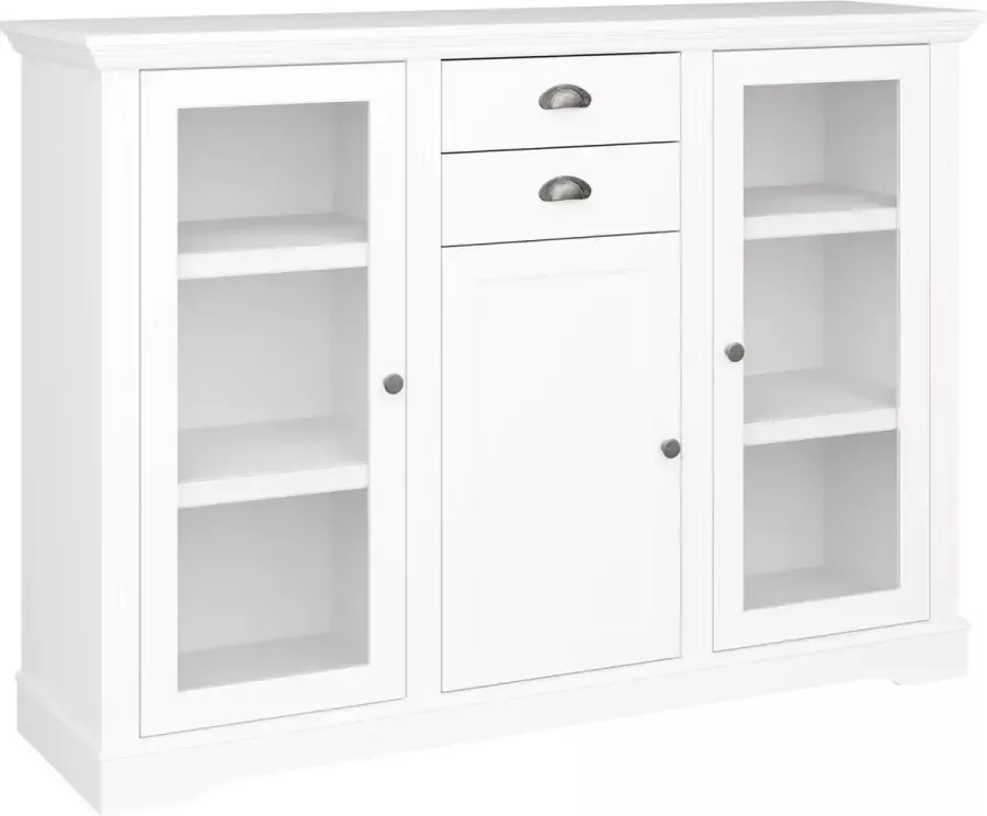 Hioshop Venny dressoir 2 glazen deuren 1 houten deur en 2 lades wit gelakt.
