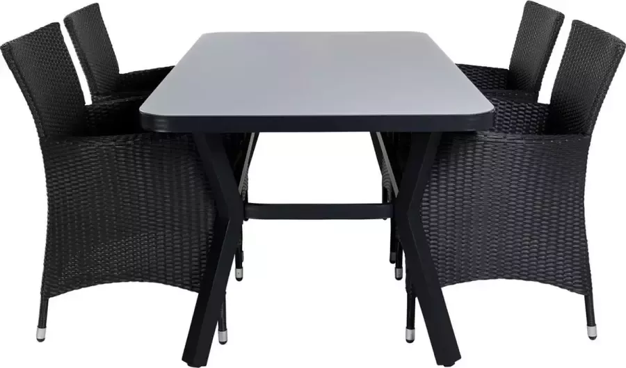 Hioshop Virya tuinmeubelset tafel 90x160cm en 4 stoel Knick zwart grijs
