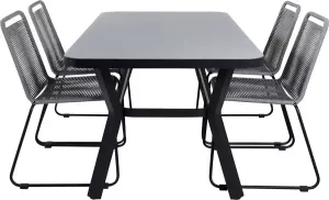 Hioshop Virya tuinmeubelset tafel 90x160cm en 4 stoel Lindos zwart grijs