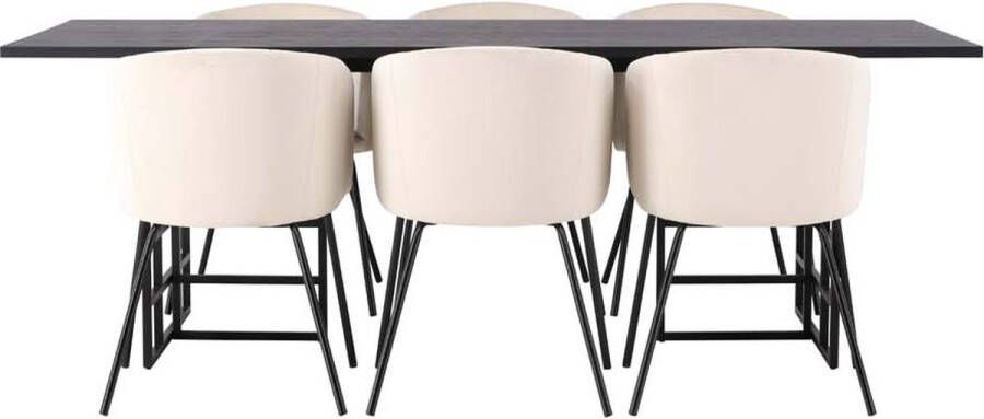 Hioshop Ystad eethoek tafel zwart en 6 berit stoelen beige. - Foto 2