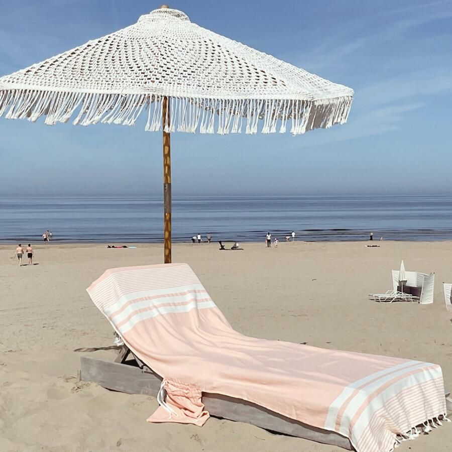 Hipps luxury beach life hiPPs Loungie Travel MELON lange luxe hamamdoek voor ligbed met OMSLAG en SIDE-POCKET handdoek ligbedhoes opbergzakje strandhanddoek strandlaken cover beachbed ligstoel strandbed saunadoek peshtemal uniek formaat