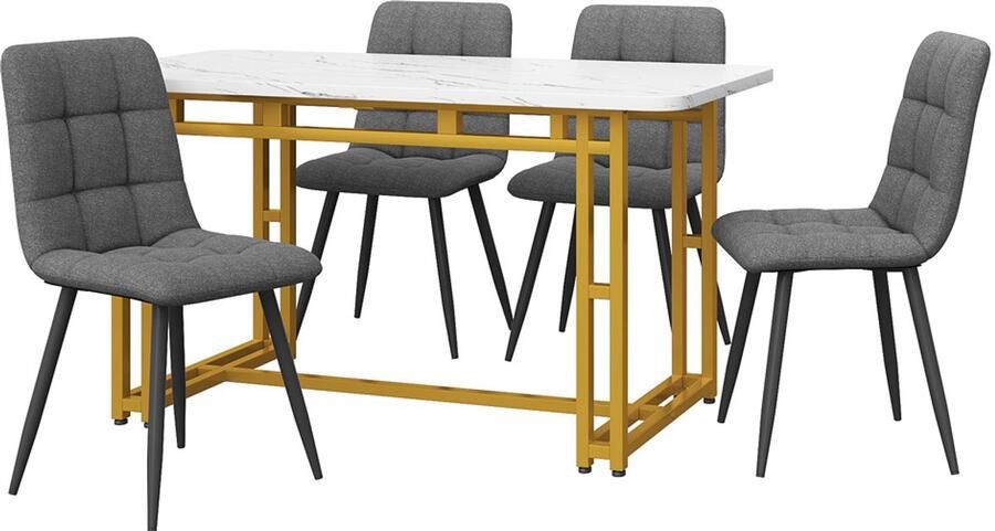 Hjh office Eettafel en stoelen set 5-delige set multifunctionele zitplaatsenset met 1 tafelblad met imitatie witte marmeruiterlijk (120x70cm) gecombineerd met een stevig metaalbasis en 4 huidvriendelijke zachte linnenstoelen Wit + goud + grijs