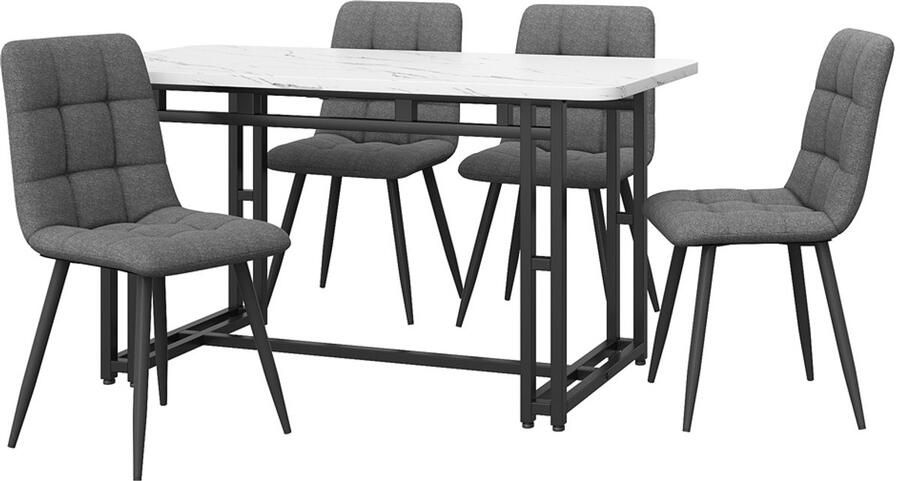 Hjh office Eettafel en stoelen set 5-delige set multifunctionele zitplaatsenset met 1 tafelblad met imitatie witte marmeruiterlijk (120x70cm) gecombineerd met een stevig metaalbasis en 4 huidvriendelijke zachte linnenstoelen Wit + zwart + grijs