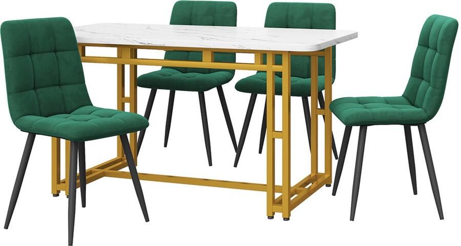 Hjh office Eettafel en stoelen set 5-delige set multifunctionele zitplaatsenset met 1 tafelblad met imitatie witte marmeruiterlijk (120x70cm) gecombineerd met een stevig metaalbasis en 4 huidvriendelijke zachte fluweelstoelen Wit + goud+groen