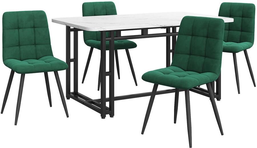Hjh office Eettafel en stoelen set 5-delige set multifunctionele zitplaatsenset met 1 tafelblad met imitatie witte marmeruiterlijk (140x80cm) gecombineerd met een stevig metaalbasis en 4 huidvriendelijke zachte fluweelstoelen Wit + groen