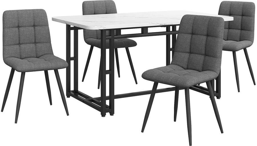Hjh office Eettafel en stoelen set 5-delige set multifunctionele zitplaatsenset met 1 tafelblad met imitatie witte marmeruiterlijk (140x80cm) gecombineerd met een stevig metaalbasis en 4 huidvriendelijke zachte linnenstoelen Wit + zwart + grijs