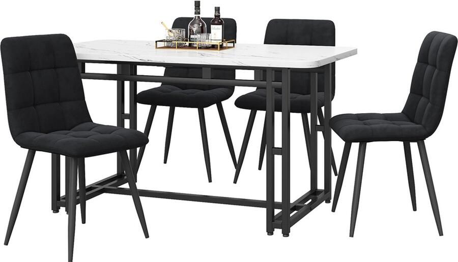 Hjh office Eettafel en stoelen set 5-delige set multifunctionele zitplaatsenset met 1 tafelblad met imitatie witte marmeruiterlijk (120x70cm) gecombineerd met een stevig metaalbasis en 4 huidvriendelijke zachte fluweelstoelen Wit + zwart