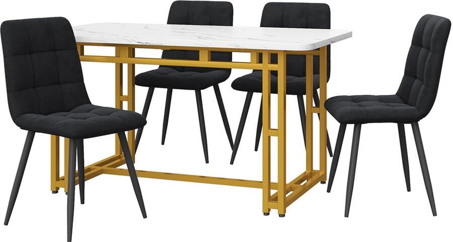 Hjh office Eettafel en stoelen set 5-delige set multifunctionele zitplaatsenset met 1 tafelblad met imitatie witte marmeruiterlijk (120x70cm) gecombineerd met een stevig metaalbasis en 4 huidvriendelijke zachte fluweelstoelen Wit + goud+Zwart