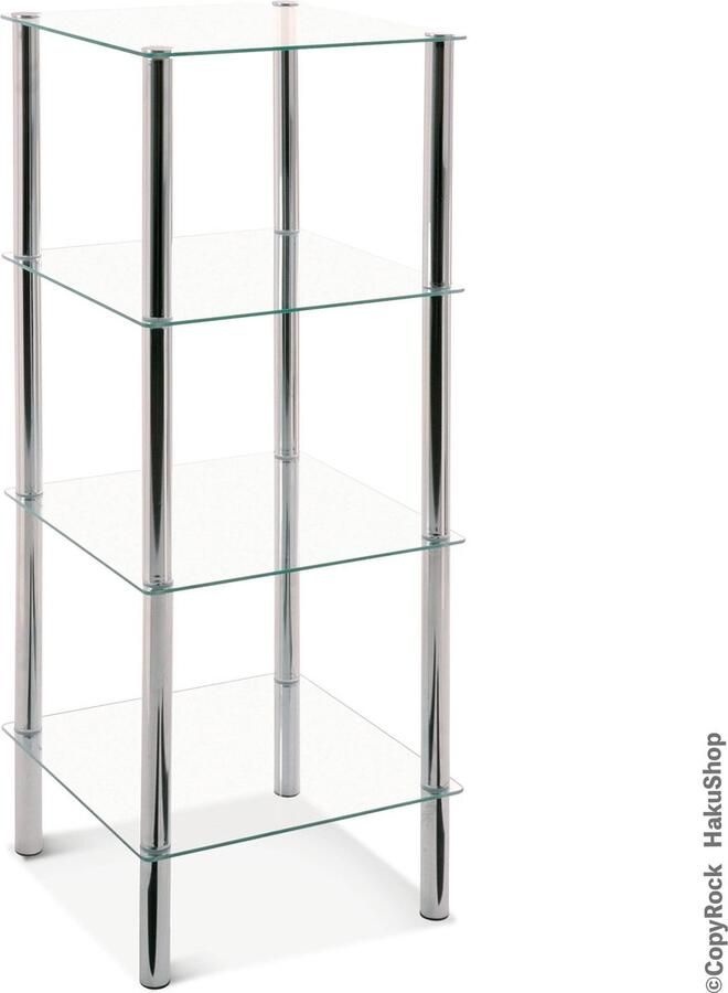 HakuShop 4-laags glazen Etagere|39x39|Gehard veiligheid glas|Hoge Bijzettafel van verchroomd staal|107cm hoog