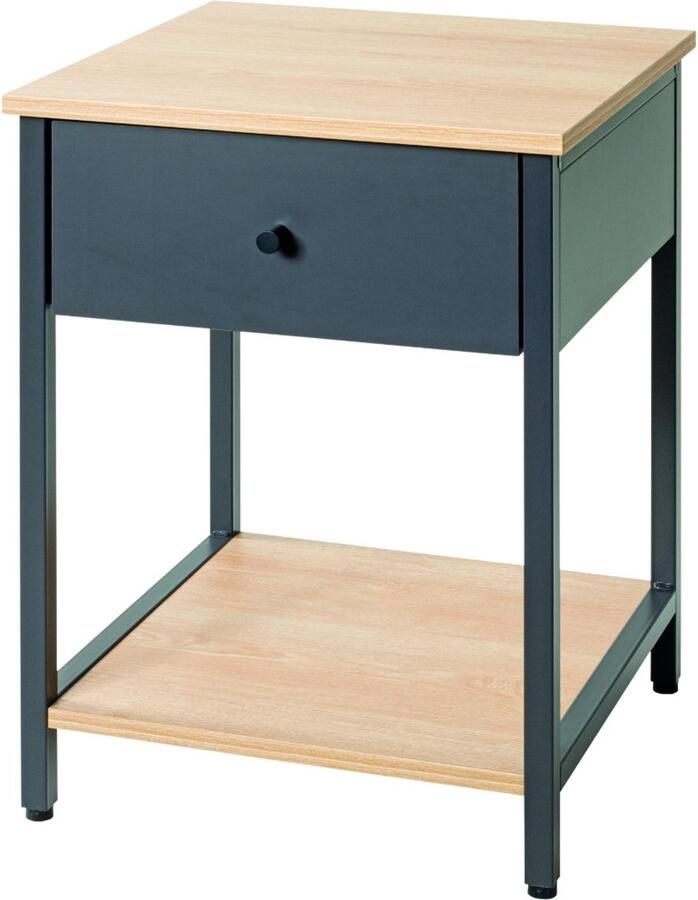 HK-Shop Tafel – Stijlvolle bijzettafel met antraciet stalen buisframe – Natuurlijk eiken spaanplaat – Volledig uittrekbare softclose lade – Compact 40x40x55 cm – Modern design