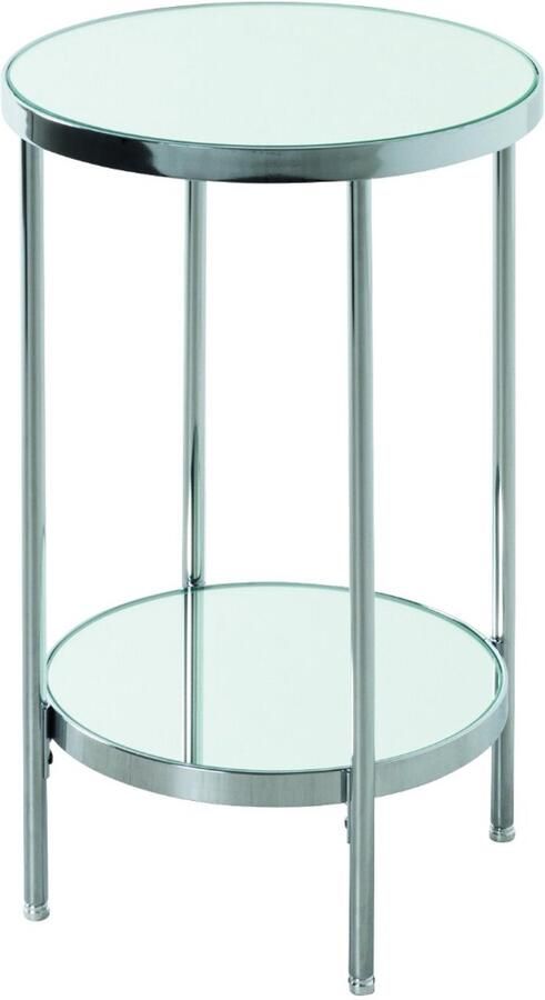 HK-Shop Tafel – Bijzettafel van chroom buisstaal met vlak staal frame – Luxe 5 mm spiegelglas planken – Elegant rond design – Compact formaat – Hoogte 46 cm – Diameter 28 cm