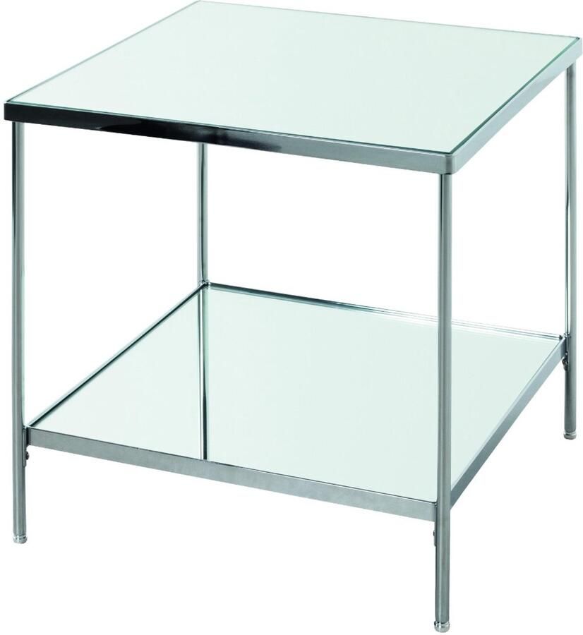 HK-Shop Tafel – Stijlvolle bijzettafel van chroom buisstaal – Vlak stalen frame – Planken van 5 mm spiegelglas – Elegant modern design – 45 x 45 x 46 cm