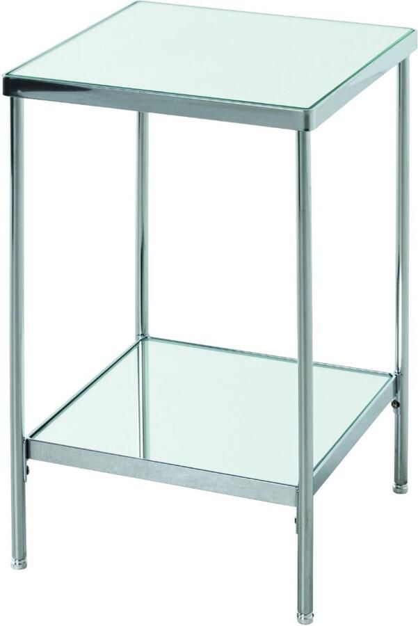 HK-Shop Tafel – Bijzettafel van chroom buisstaal – Strak frame in chroom vlakstaal – Luxe 5 mm spiegelglas planken – Modern metalen design – Compact formaat 28x28x46 cm
