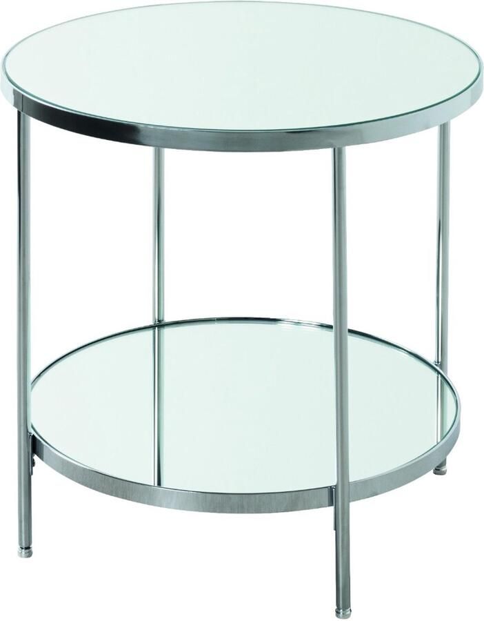 HK-Shop Tafel – Chroom Bijzettafel – Glanzend Buisstaal en Vlak Staal – Luxe Spiegelglas Planken – Modern Rond Design – Hoogte 46 cm – Diameter 44 cm