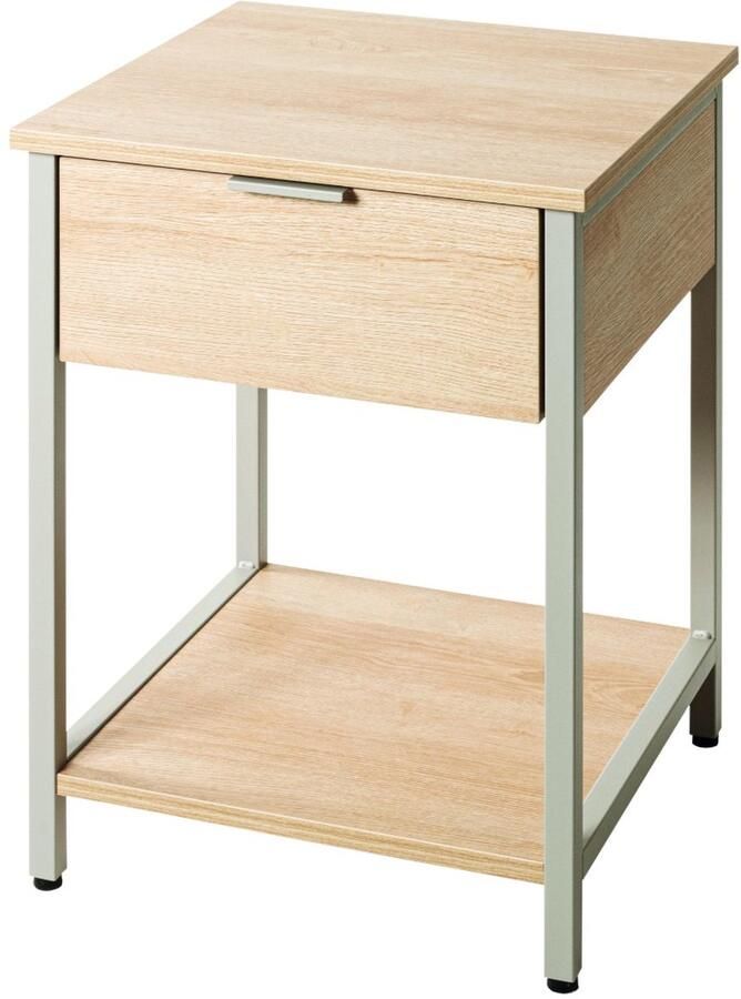 HK-Shop Tafel – Stijlvolle Bijzettafel – Kasjmiergrijs Stalen Frame – Natuurlijk Eiken Planken – Met Lade en Onderste Plank – Compact 40x40x55 cm – Modern Design