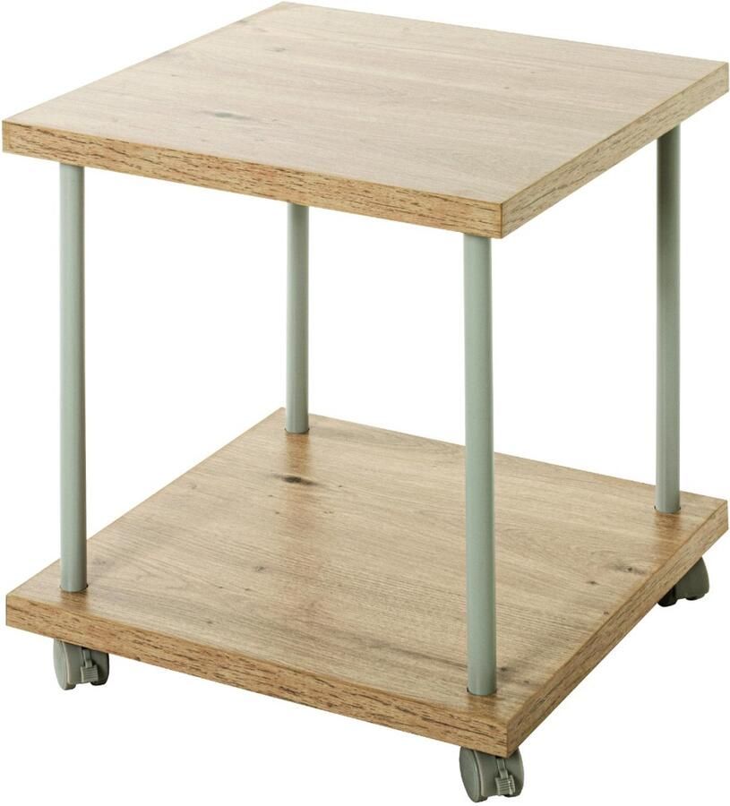 HK-Shop Tafel – Bijzettafel op wielen – Stalen buis kasjmiergrijs – Planken MDF licht eiken met kleuraccent – Compact 40x40x45 cm – Modern en praktisch design - Foto 2