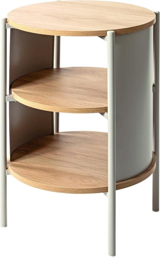 HK-Shop Tafel – Bijzettafel met stevig stalen frame kasjmiergrijs – Spaanplaat planken in warm eiken – Modern en stijlvol design – Compact formaat 60 cm hoog 44 cm doorsnee