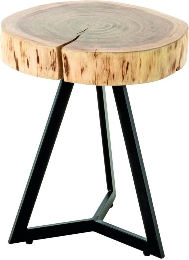 HK-Shop Tafel – Bijzettafel van massief acaciahout en zwart staal – Uniek boomschijfdesign met natuurlijke groeischeur – Gestabiliseerd met vlinderinleg – 43 cm hoog – 35 cm diameter