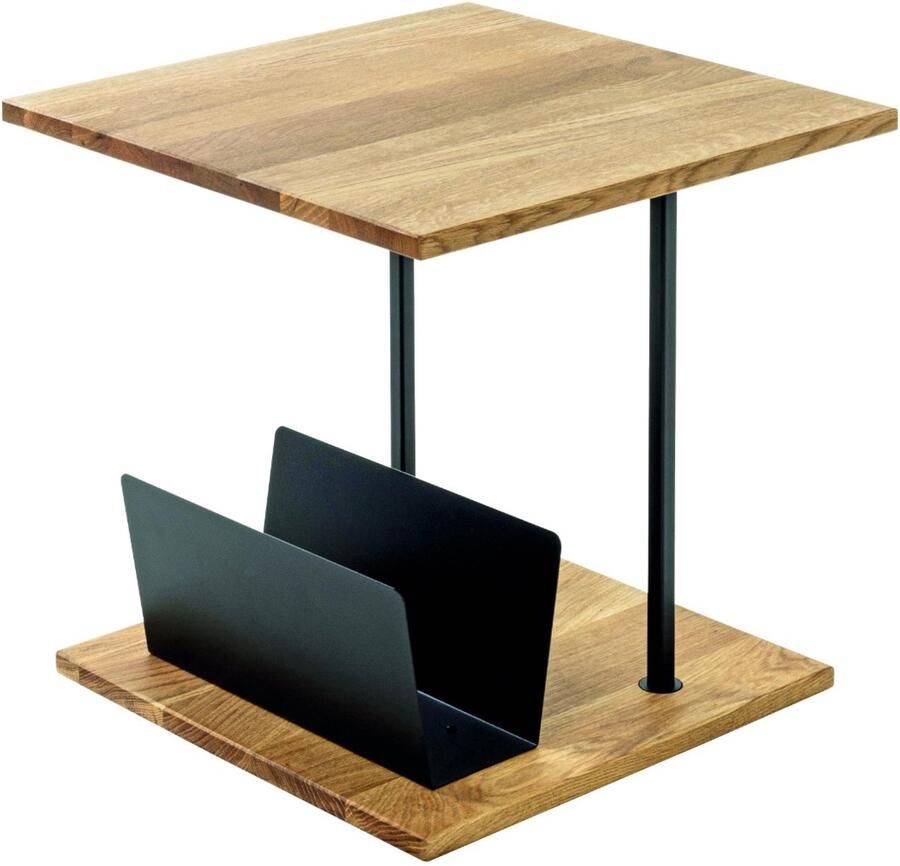 HK-Shop Tafel – Bijzettafel met geïntegreerde krantenhouder – Massief eikenhout en zwart staal – Modern design – Compact formaat 45x45x45 cm – Stijlvol en functioneel