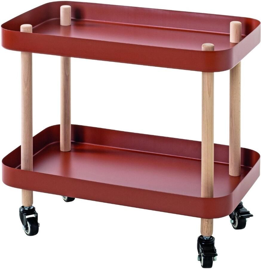 HK-Shop Tafel – Massief houten frame – Koraalrood metalen planken – Op wielen – Stijlvol en verrijdbaar design – 50x30x47 cm