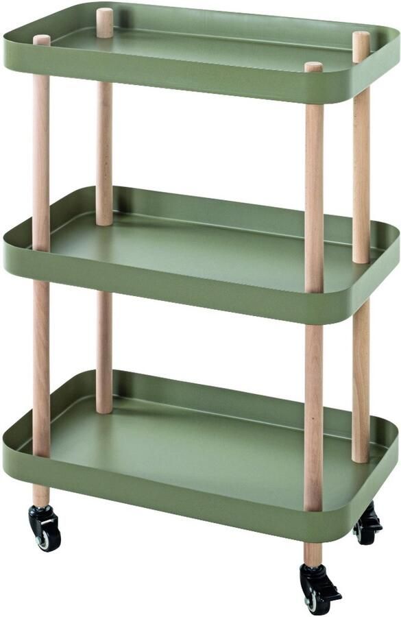 HK-Shop Tafel – Massief houten frame met rietgroene metalen planken – Stijlvol mobiel design – Compact 50x30x76 cm – Natuurlijk en duurzaam