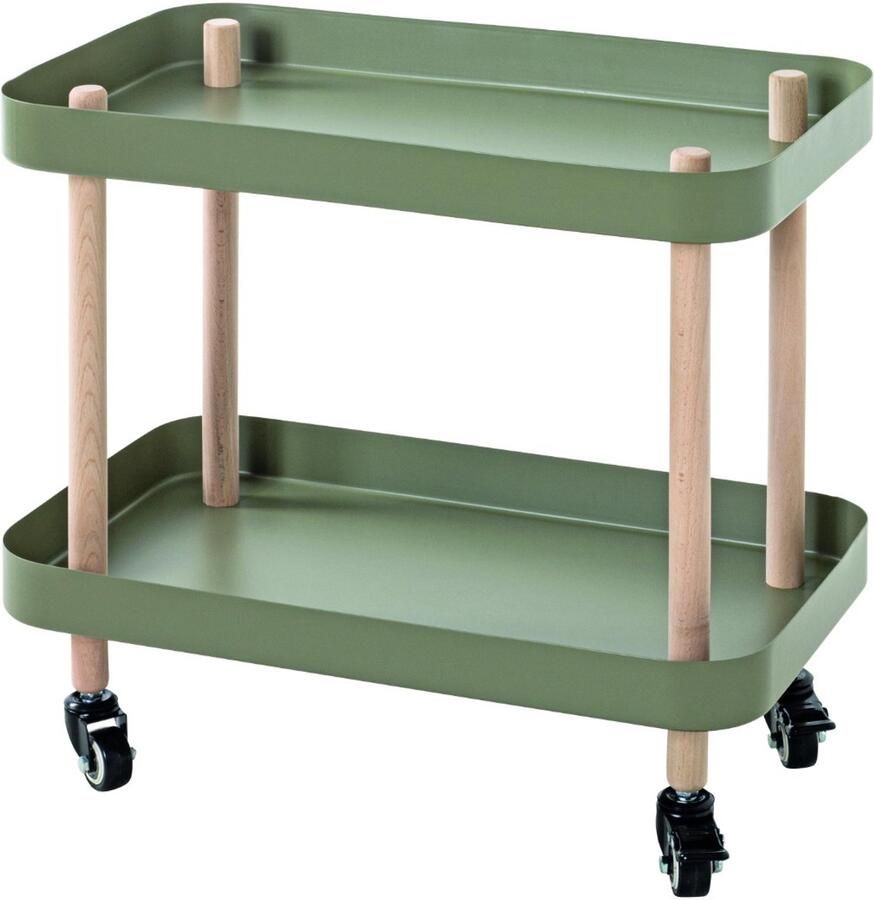 HK-Shop Tafel – Tijdloos massief houten frame – Rietgroene gepoedercoate metalen planken – Met handige wielen – Stijlvol en functioneel – 50x30x47 cm