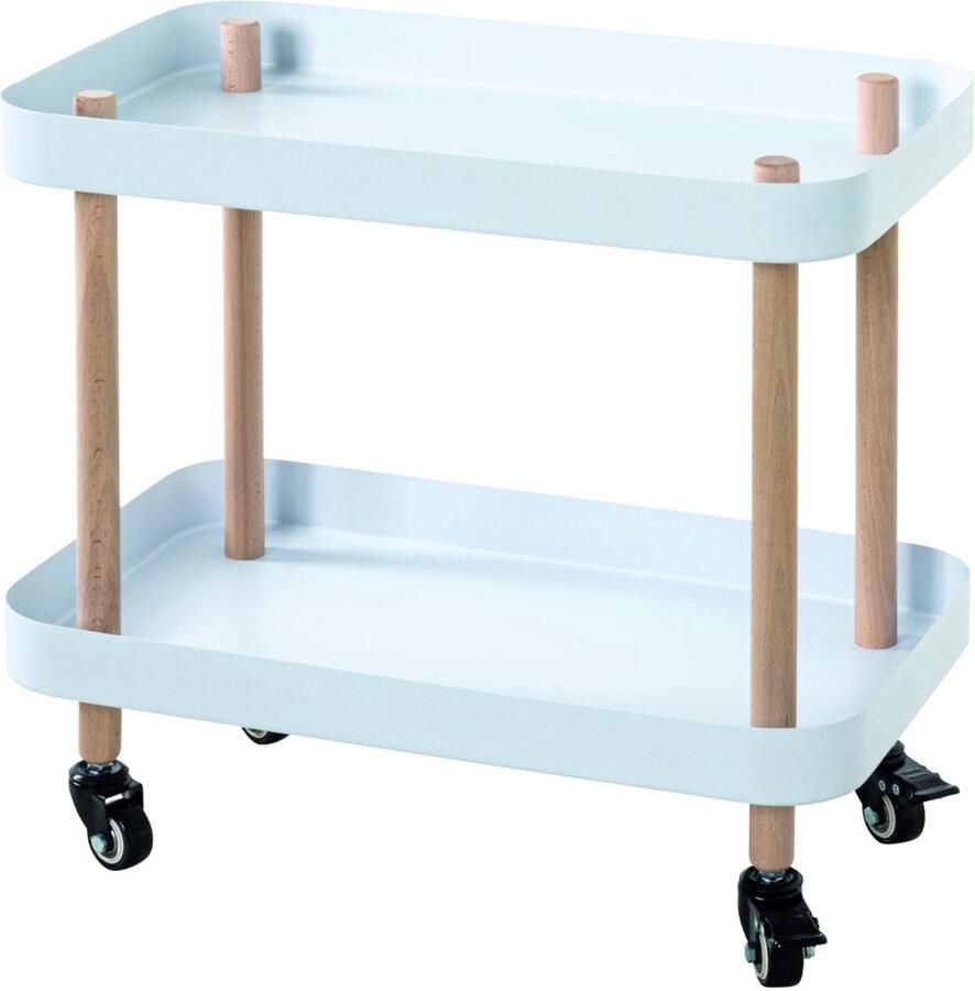 HK-Shop Tafel – Massief houten frame met wit metalen planken – Natuurlijk en modern – Duurzaam design op wielen – Compact 50x30x47 cm