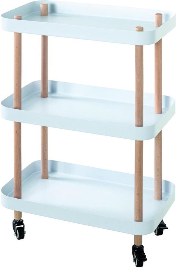 HK-Shop Tafel – Frame van natuurlijk massief hout – Planken van wit gepoedercoat metaal – Op wielen – Natuurlijk en wit – Stijlvol design – 50x30x76 cm