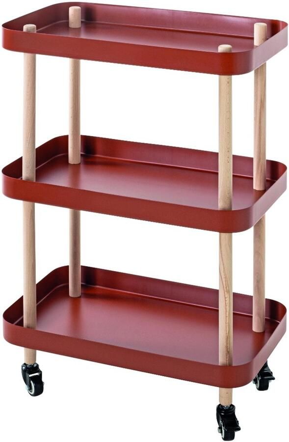 HK-Shop Tafel – Massief houten frame – Koraalrood metalen planken – Verrijdbaar – Compact formaat 50x30x76 cm – Modern design