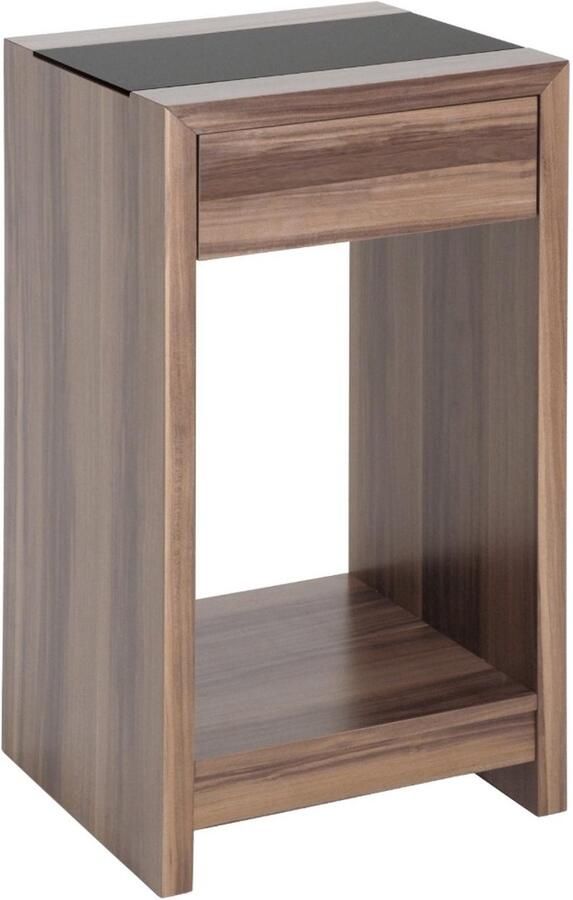 HK-Shop Tafel – MDF met walnootlook – Zwart veiligheidsglas blad – Zelfsluitende lade met metalen handgreep – Warm okkernoot – Compact design 42x40x74 cm