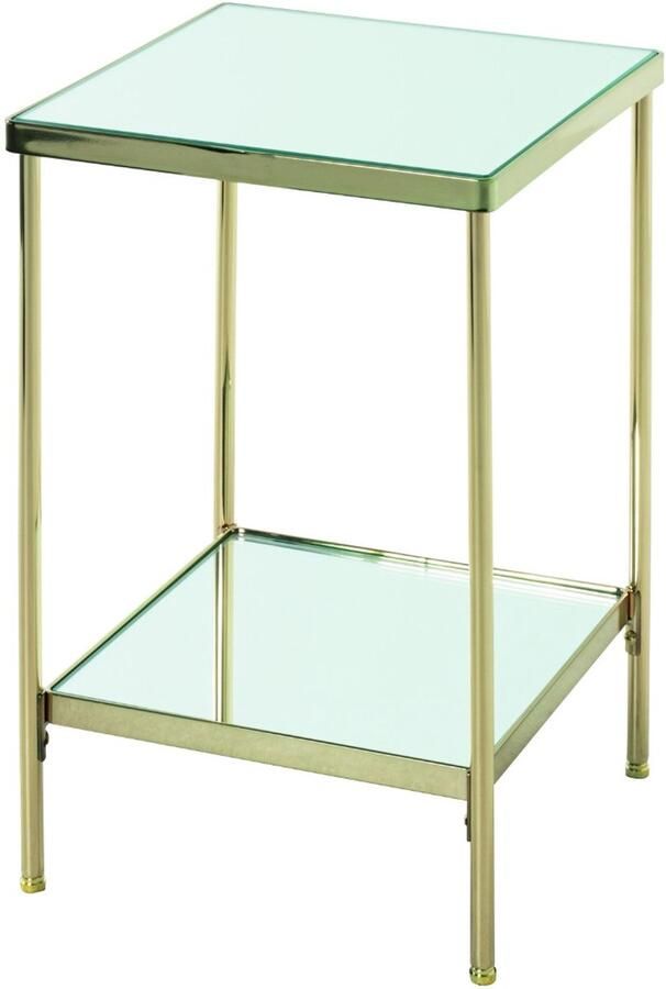 HK-Shop Tafel – Bijzettafel messing geplateerd – Strak stalen frame – Luxe spiegelglas planken – Compact en stijlvol 28x28x46 cm