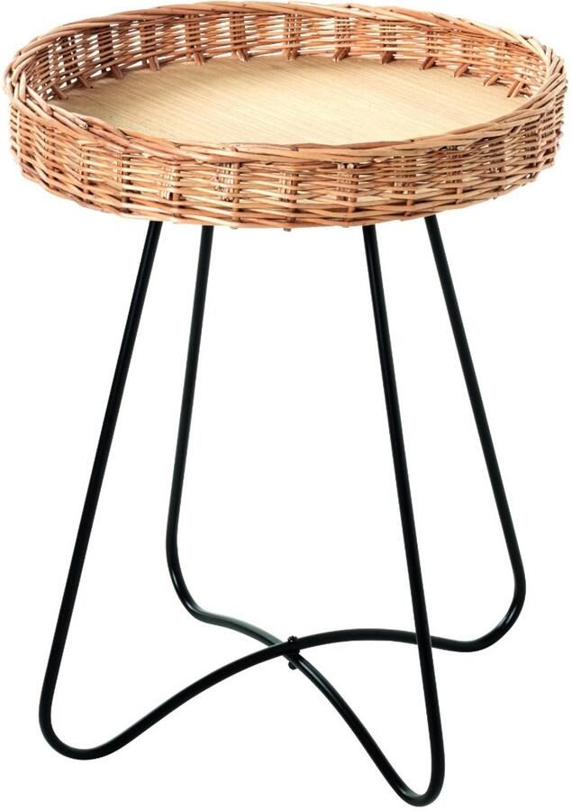 HK-Shop Tafel – Bijzettafel van zwart gelakt staal met natuurlijk multiplex en vlechtwerk – Elegant design in zwart en naturel – Stevige metalen constructie – Hoogte 51 cm – Diameter 41 cm